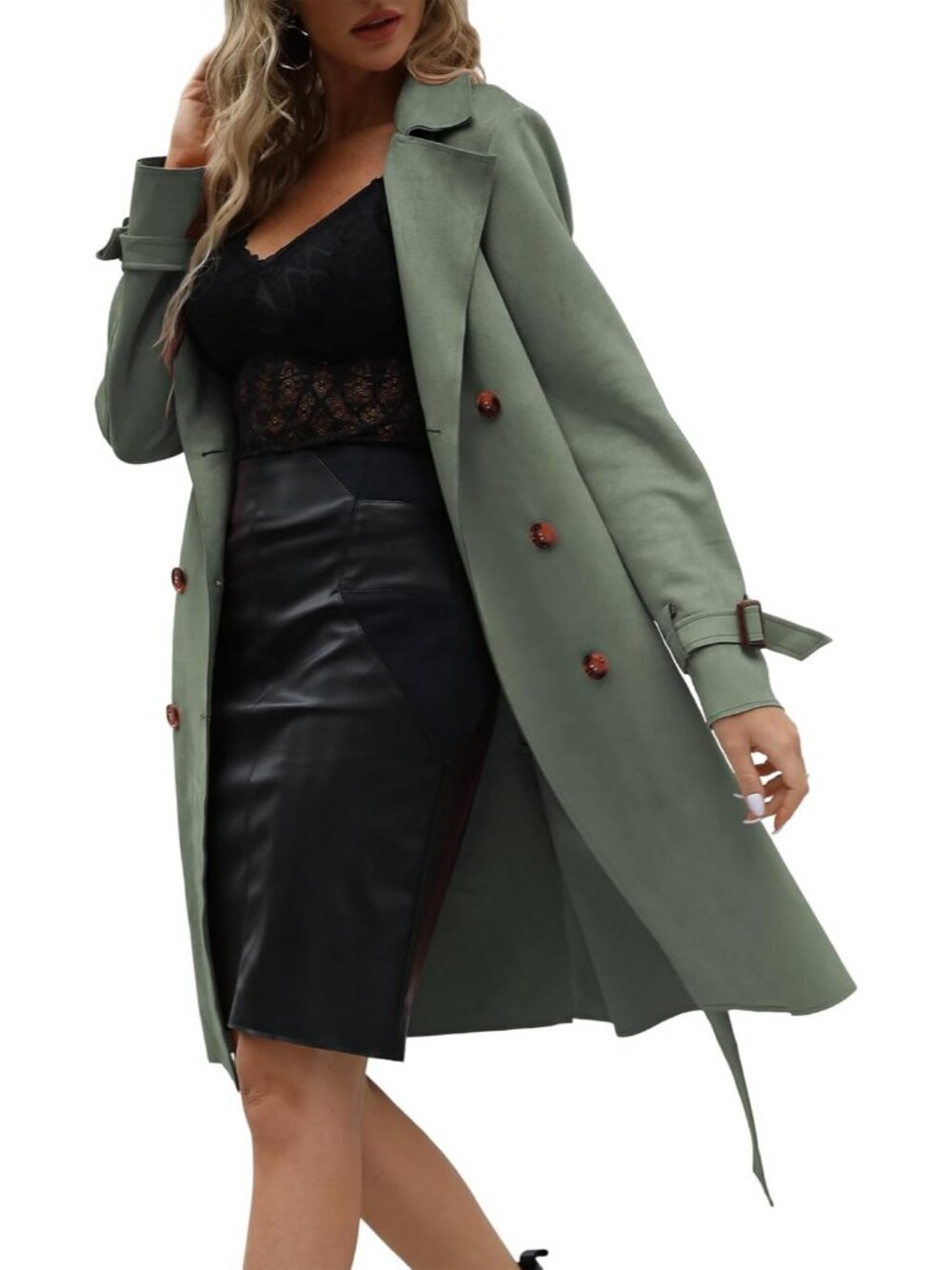 Women's Grey Polyester Long Sleeve Classic Cuffs Pockets Trench Coat Jackets